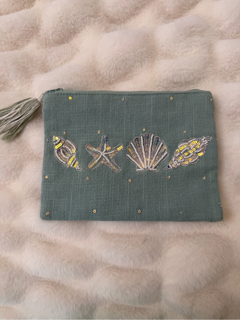 Seashell Embellished Tassel Pouch - Ocean Blue Like New